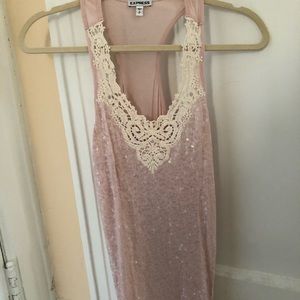 Pink sequin tank with croquet trim